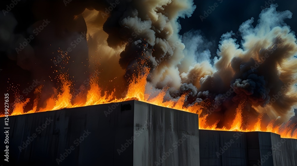 A wall of fire with wisps of smoke drifting upward into a void A wall of fire with wisps of smoke drifting upward into a void