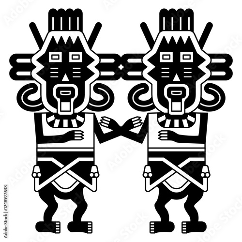 Symmetrical design with two stylized human figurines from Paracas. Twin heroes. Indigenous ethnic Native American design from ancient Peru. Black and white silhouette.