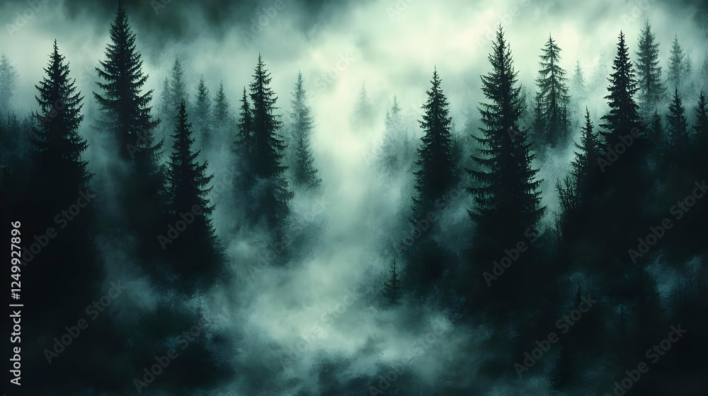 Fototapeta premium Misty Dark Forest Landscape