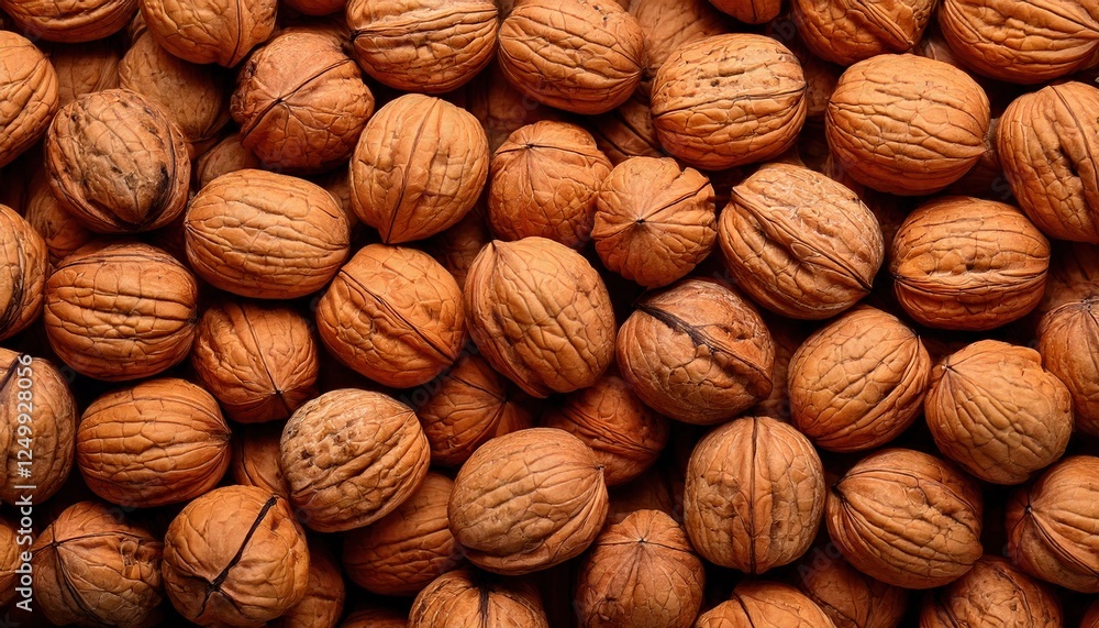 Harvested walnuts displayed in a natural setting with textured shells Harvested walnuts displayed in a natural setting with textured shells
