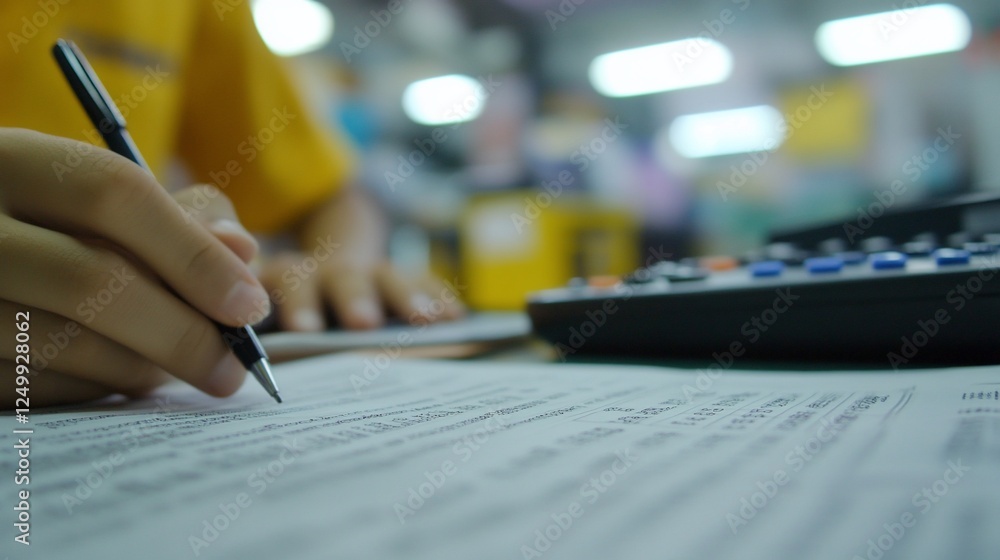 Close-up of hands meticulously filling out paperwork with a pen, calculator nearby. Close-up of hands meticulously filling out paperwork with a pen, calculator nearby.
