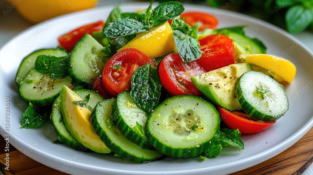 A detox salad with fresh cucumbers, tomatoes, and avocado, drizzled with lemon juice and served on a minimalist white plate A detox salad with fresh cucumbers, tomatoes, and avocado, drizzled with lemon juice and served on a minimalist white plate