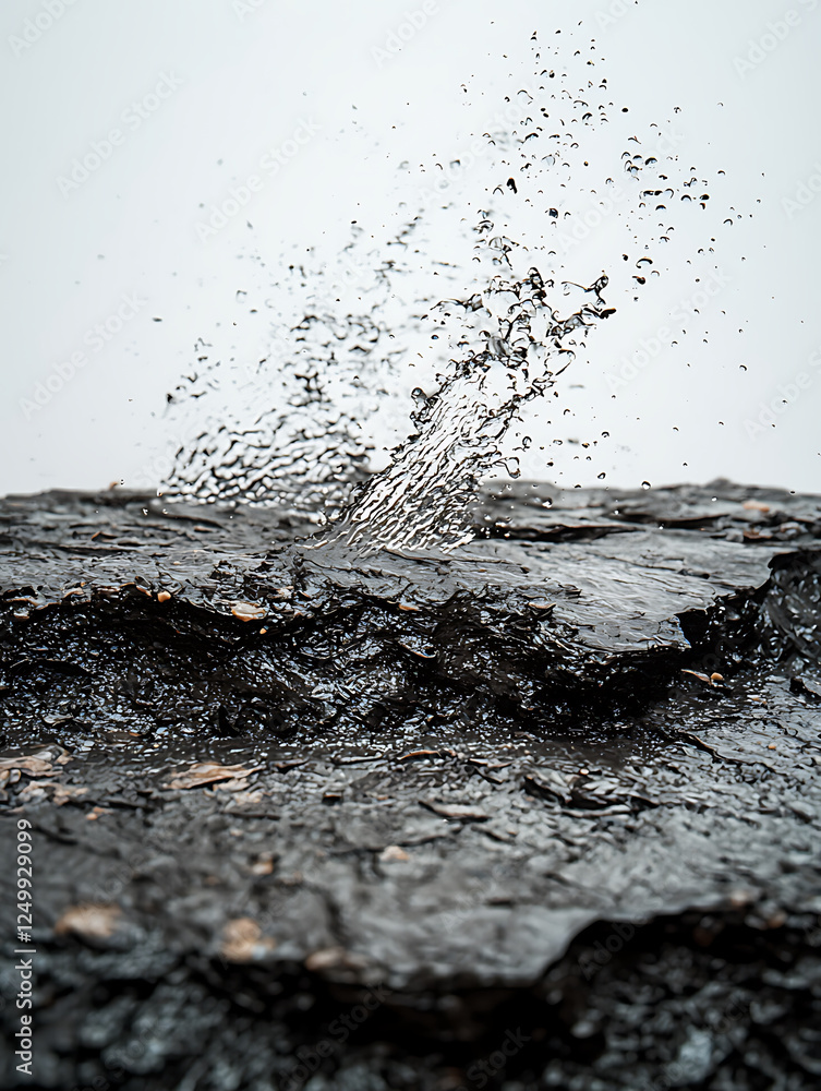 Water explodes upwards from the dark, textured rock surface, creating a scattering of droplets against a bright background. Water explodes upwards from the dark, textured rock surface, creating a scattering of droplets against a bright background.