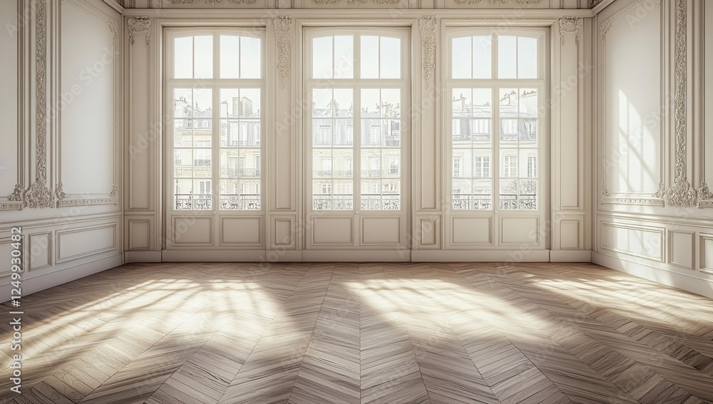 Sunlit Elegant Room with Classic Architectural Details and Hardwood Floors, Illuminating Parisian Design Aesthetic Sunlit Elegant Room with Classic Architectural Details and Hardwood Floors, Illuminating Parisian Design Aesthetic