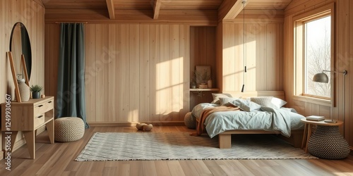 Wooden pallet bed in a cozy bedroom setting with minimalist decor, minimalistisch, einrichtung, nachhaltig
