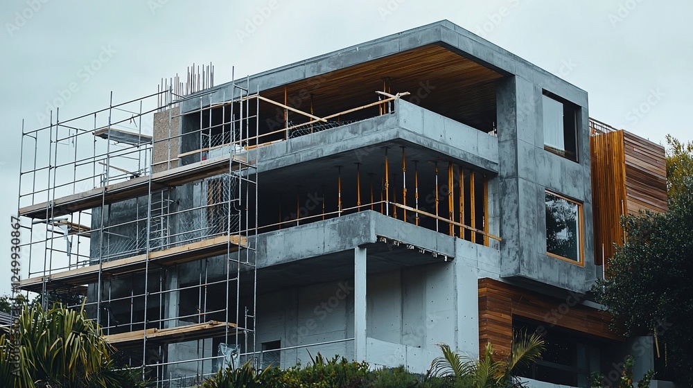 Modern house under construction with scaffolding, concrete, wood, and large windows. Modern house under construction with scaffolding, concrete, wood, and large windows.