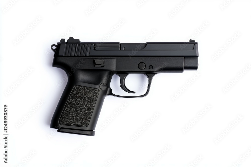 Black handgun is on a white background Black handgun is on a white background