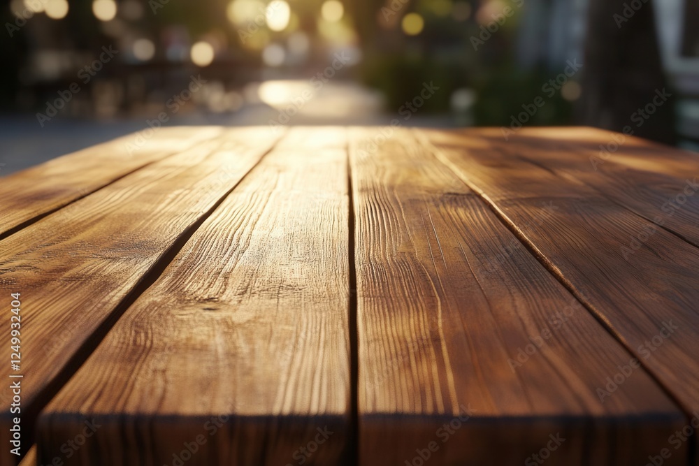 Empty Wooden Table at Outdoor Cafe with Bokeh Lights and Blurred Background
