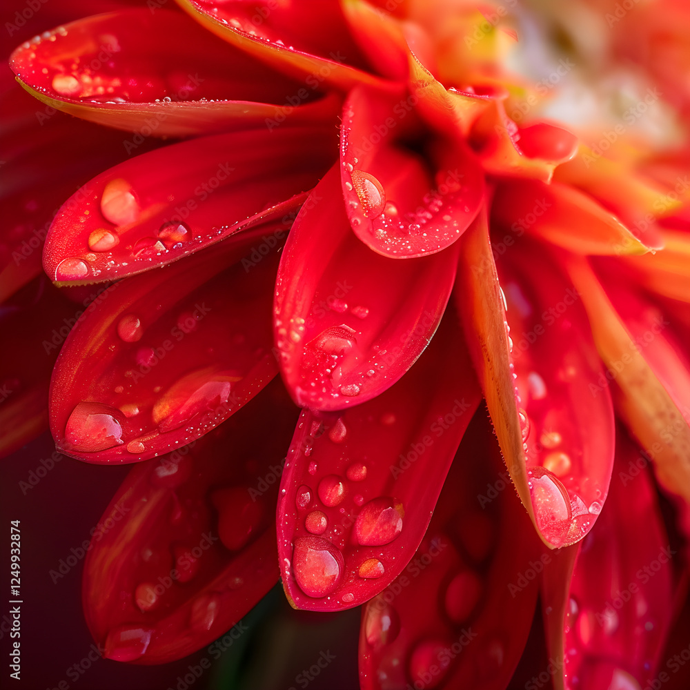 Close-Up of Bright Red Flower with Water Droplets Under Sunlight, Highlighting Petal Texture and Natural Beauty Close-Up of Bright Red Flower with Water Droplets Under Sunlight, Highlighting Petal Texture and Natural Beauty