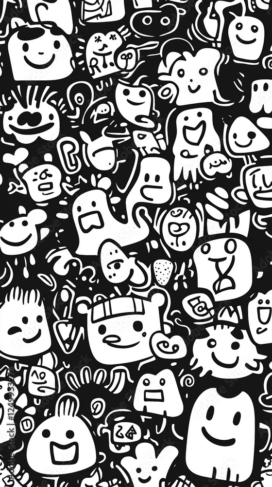 Playful Seamless Black and White Doodle Pattern with Cute Cartoon Characters and Line Drawings Playful Seamless Black and White Doodle Pattern with Cute Cartoon Characters and Line Drawings