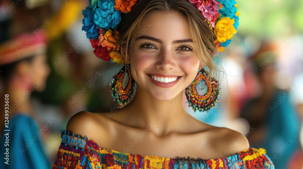 French hair woman wearing colorful huipil smiling enjoy vacation at street festival French hair woman wearing colorful huipil smiling enjoy vacation at street festival