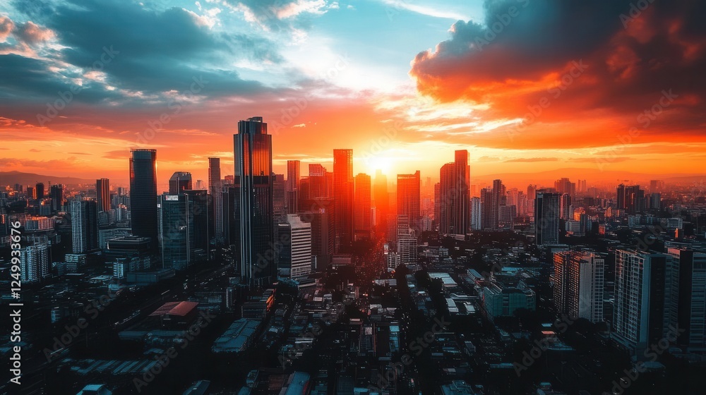 Fototapeta premium Golden Hour Cityscape with Vibrant Sunset Reflections Over Urban Skyline for Travel and Lifestyle Campaigns