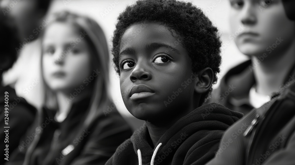 Obraz premium A pensive Black boy intently listening during a group discussion, surrounded by kids in a monochrome setting.