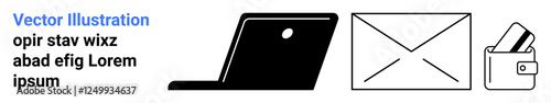 Laptop open, mail envelope, wallet with cards. Ideal for office presentations, digital communication, business solutions, remote work setups, financial tools, mail services modern workspaces