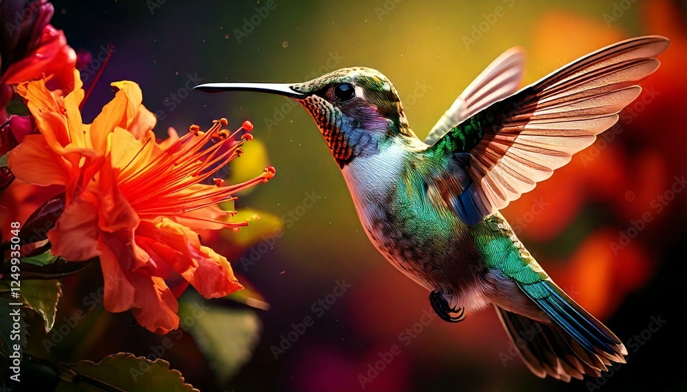 Fototapeta premium Hummingbird & Floral Nectar – Bright, dynamic motion of a bird mid-flight