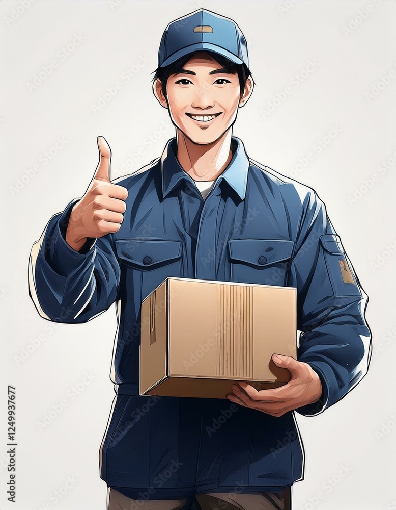荷物の段ボール箱を持つ作業服を着た男性配達員がOKいいねサインのジェスチャーをするイラスト。AIで生成	