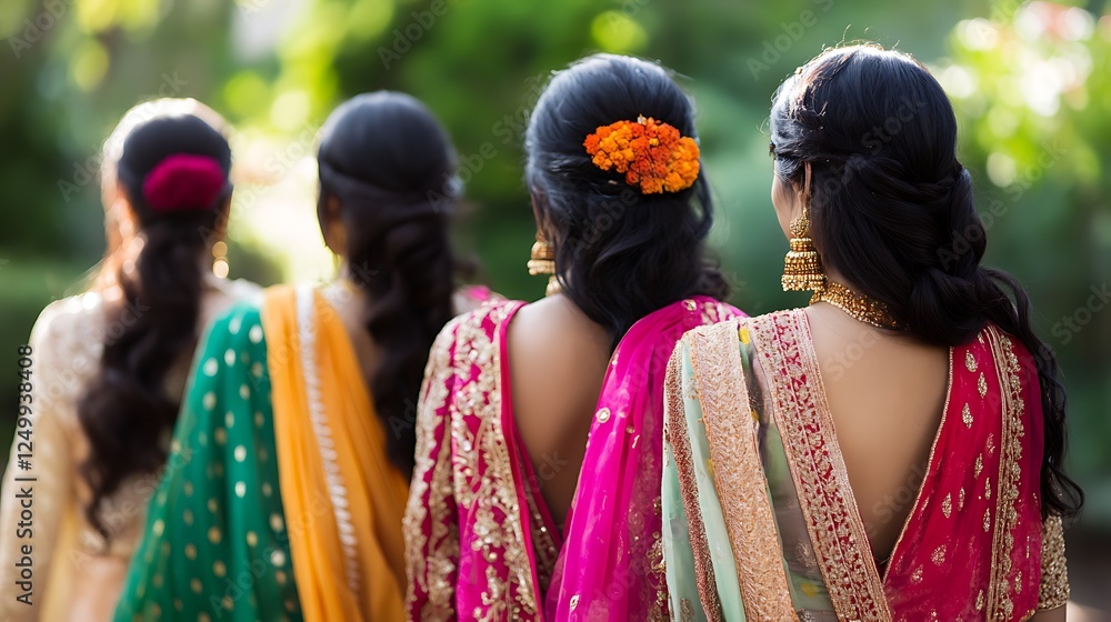 Fototapeta premium Elegant Indian Bridesmaids in Vibrant Sarees