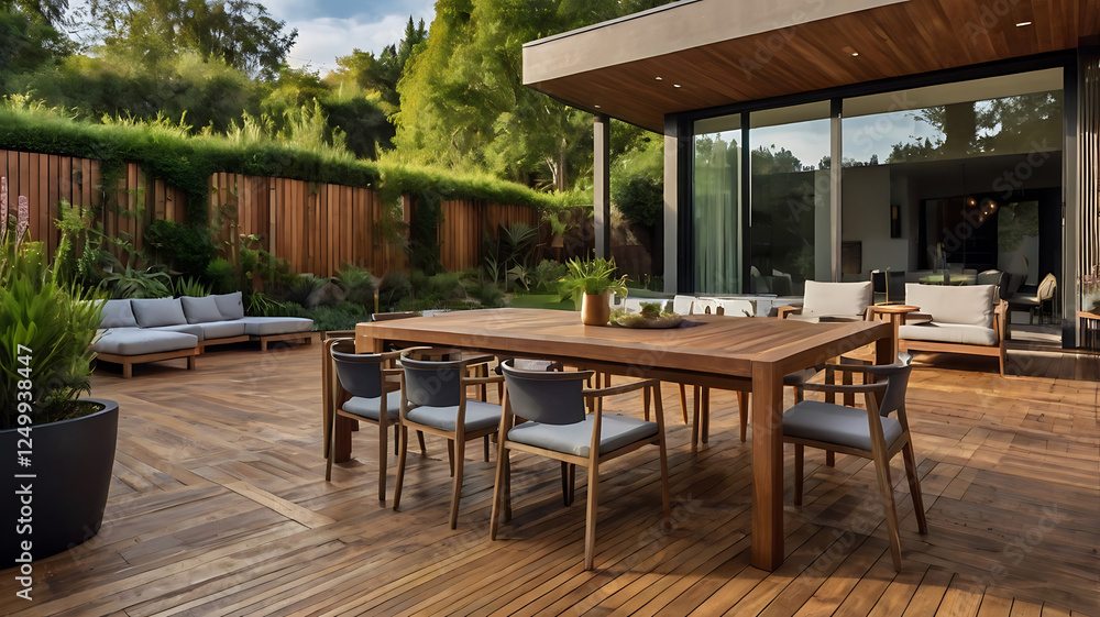Fototapeta premium Fantustick Modern Minimalist Home with Stylish Wooden Deck and Lush Backyard