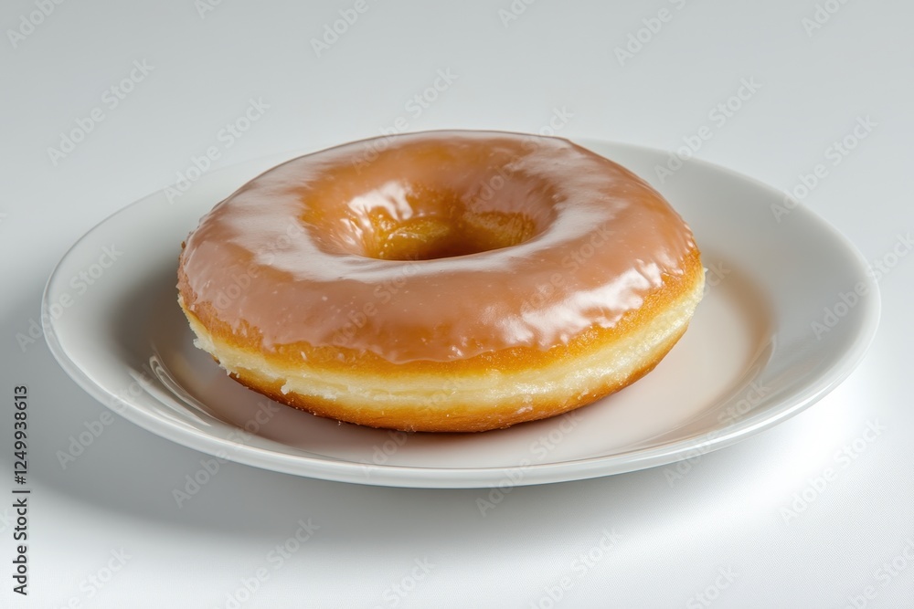 Freshly Glazed Donut on White Plate Set Against Simple Background for Culinary Photography Freshly Glazed Donut on White Plate Set Against Simple Background for Culinary Photography