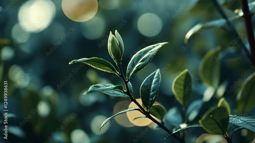 Close-up of a single tea bud, its fresh green color glistening against the darker tones of the bush Close-up of a single tea bud, its fresh green color glistening against the darker tones of the bush