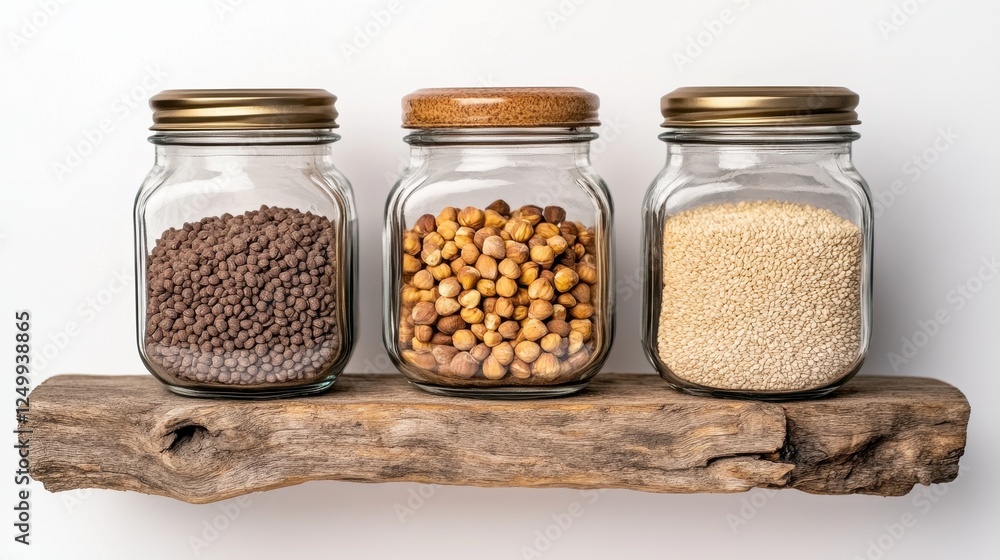Glass Jars Filled with Lentils, Hazelnuts, and Sesame on Wooden Shelf for Healthy Living Glass Jars Filled with Lentils, Hazelnuts, and Sesame on Wooden Shelf for Healthy Living