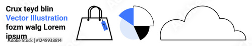 Minimalist icons of a shopping bag with a tag, a segmented pie chart, and a cloud outline. Ideal for retail, analytics, business strategy, e-commerce, marketing, cloud computing flat landing page