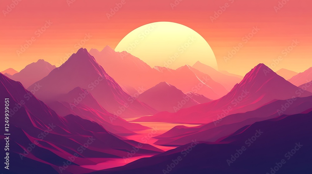 Fototapeta premium Vibrant Sunset Over Pink Mountain Ranges And Valley