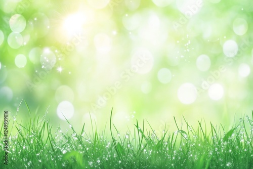 A serene blurred background of green grass with soft bokeh lights, evoking a fresh, tranquil atmosphere.