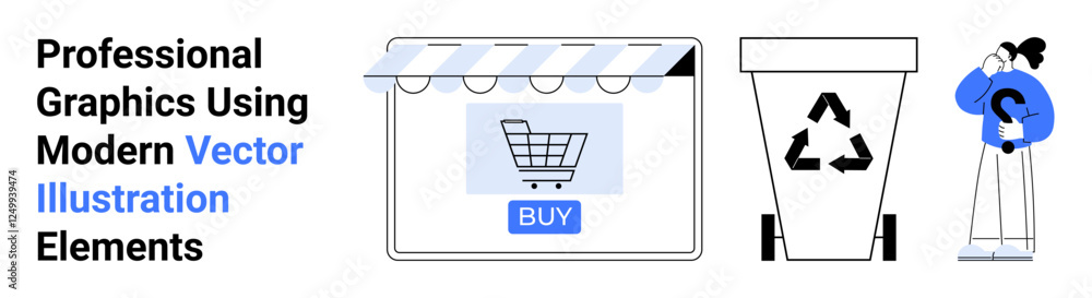 Online shopping cart under storefront banner, recycling bin with eco symbol, and curious customer with question mark. Ideal for e-commerce, eco-awareness, customer support, sustainability, product Online shopping cart under storefront banner, recycling bin with eco symbol, and curious customer with question mark. Ideal for e-commerce, eco-awareness, customer support, sustainability, product