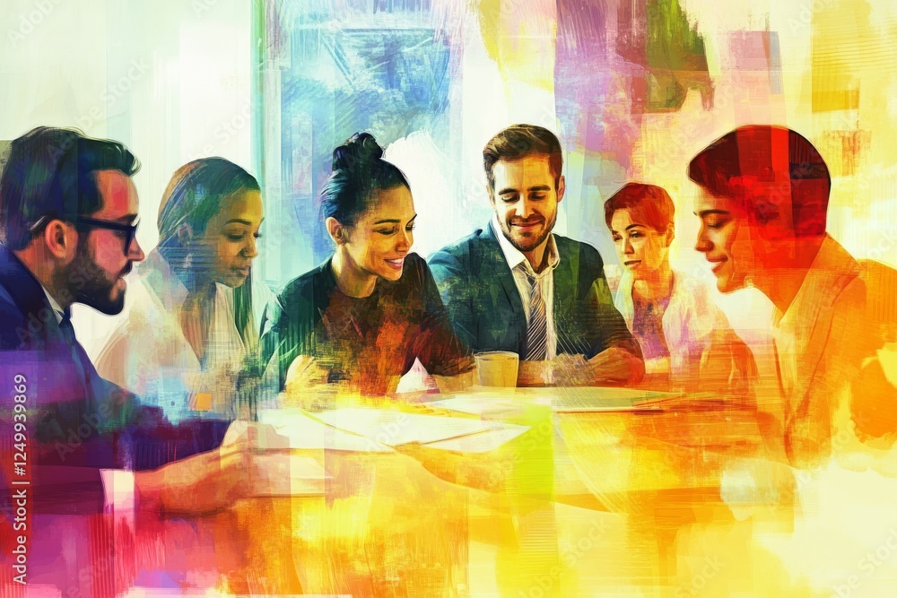 A vibrant, collaborative meeting scene featuring six diverse individuals engaged in discussion, surrounded by colorful abstract patterns. A vibrant, collaborative meeting scene featuring six diverse individuals engaged in discussion, surrounded by colorful abstract patterns.