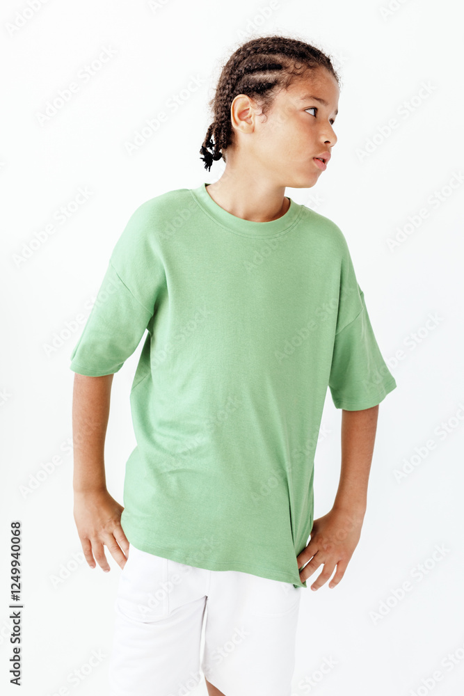 Young boy in trendy summer outfit standing confidently in front of a blank white background Young boy in trendy summer outfit standing confidently in front of a blank white background