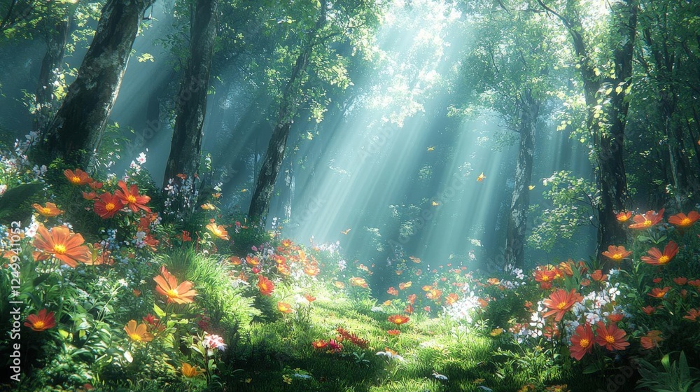 Obraz premium Sunlit Path In A Flower-Filled Forest