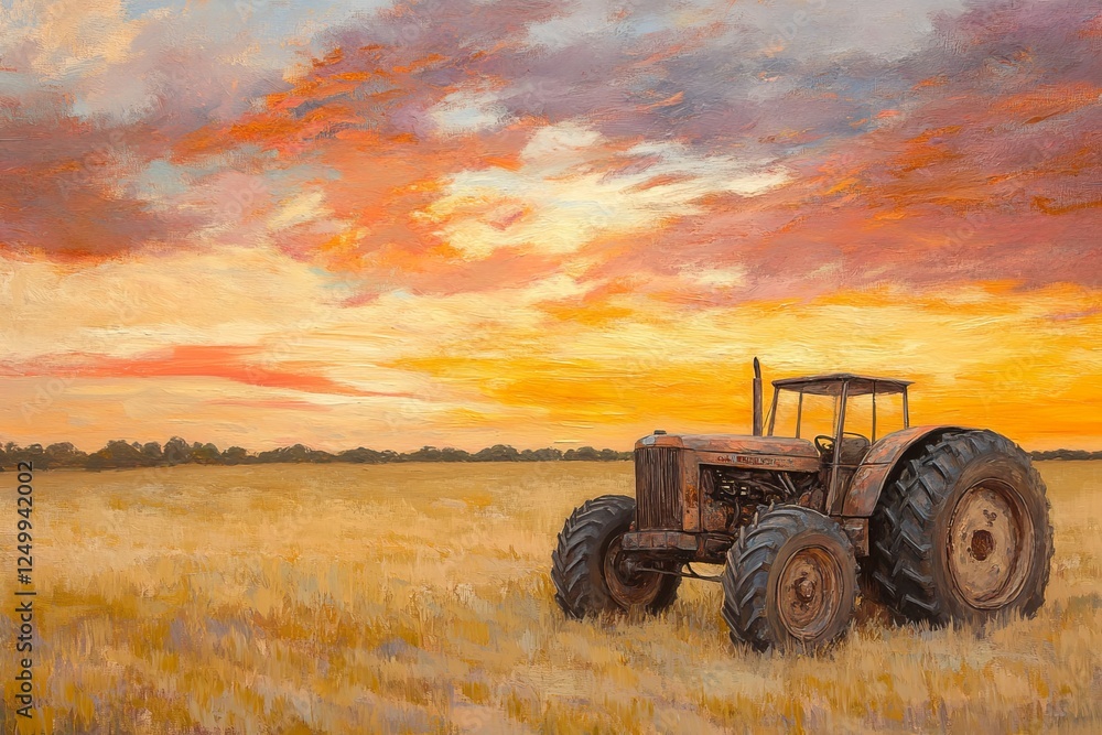A rustic tractor sits in a golden field under a vibrant sunset, capturing the serene beauty of rural agriculture.