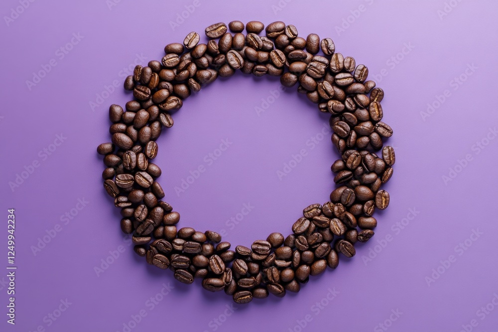 Ring of roasted coffee beans on a purple background