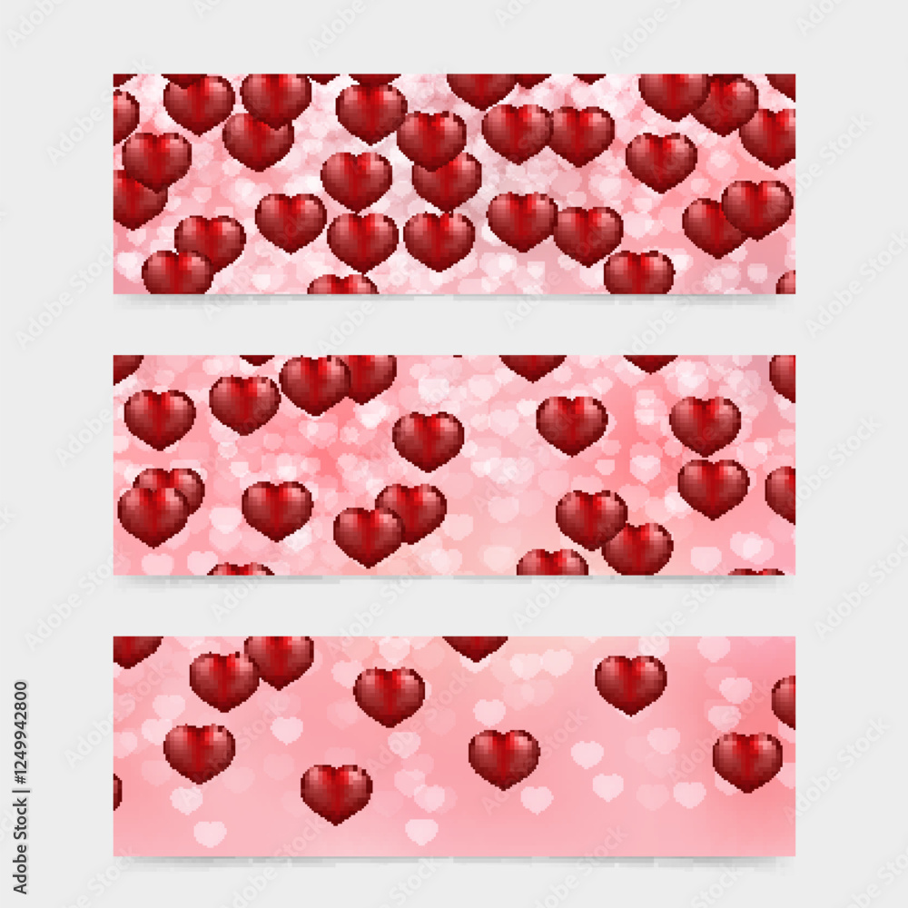 Set of 3 horizontal banners for Valentines Day. Red hearts on soft pink background. Vector template for web design, website, social media, etc.