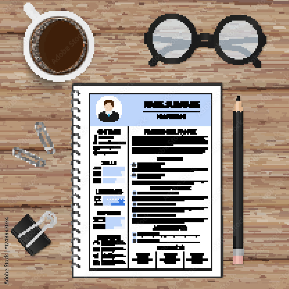 Resume template for man. Modern CV layout with infographic. Flatlay with wooden texture background, glasses, cup of coffee and stationery. Employment vector illustration