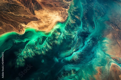 Aerial view of vibrant turquoise waters meeting sandy shores, highlighting natural textures and patterns in a stunning landscape.