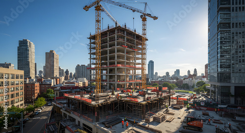 A dynamic construction site for a new skyscraper rising in a vibrant urban cityscape
