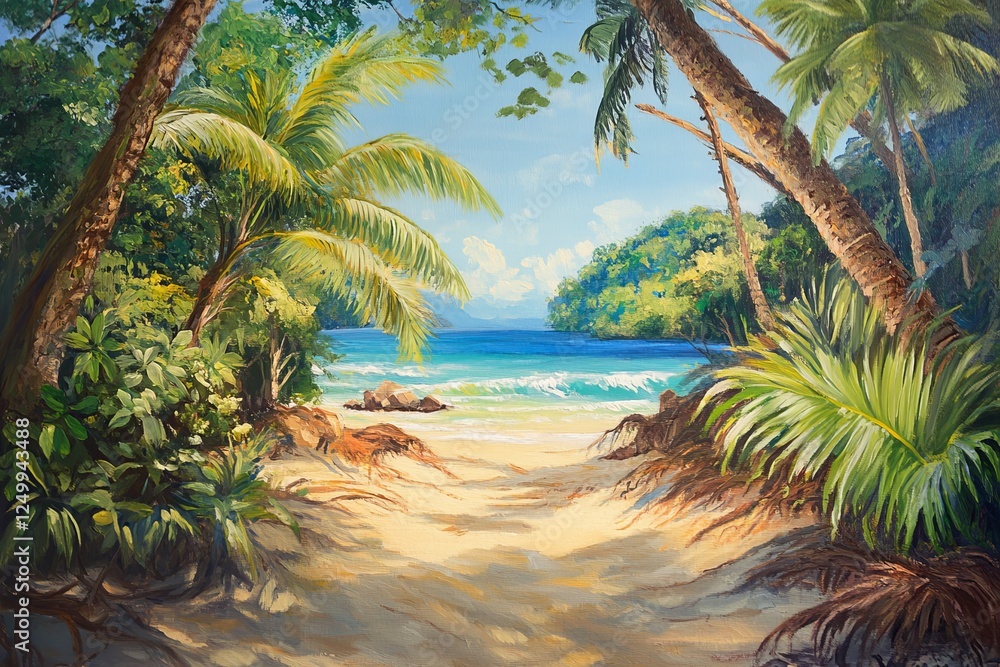 Fototapeta premium A scenic beach view framed by lush palm trees and vibrant foliage, leading to a tranquil sea under a bright blue sky.