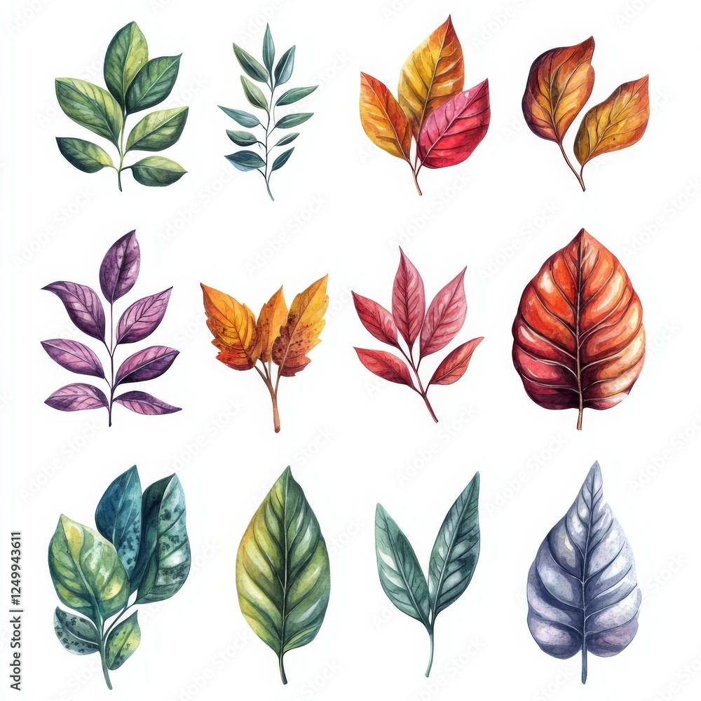 Fototapeta premium Artistic Watercolor and Ink Herb and Leaf Collection with High Detail and Precision