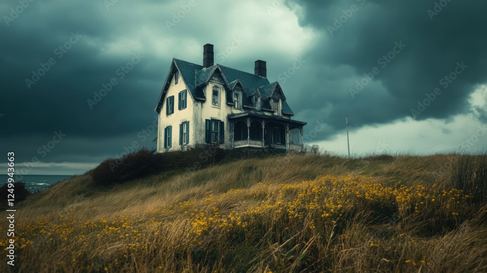 Abandoned House on a Hill Surrounded by Wildflowers Under Dramatic Clouds and Moody Sky Abandoned House on a Hill Surrounded by Wildflowers Under Dramatic Clouds and Moody Sky