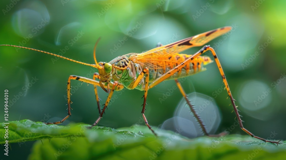 Fototapeta premium A close-up shot of a grasshopper perched on a leaf.