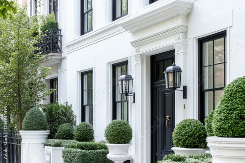 An elegant white house stands majestically, surrounded by neatly trimmed hedges and charming lanterns, all set against a peaceful urban backdrop on a bright, sunny day