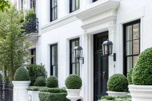 Obraz An elegant white house stands majestically, surrounded by neatly trimmed hedges and charming lanterns, all set against a peaceful urban backdrop on a bright, sunny day