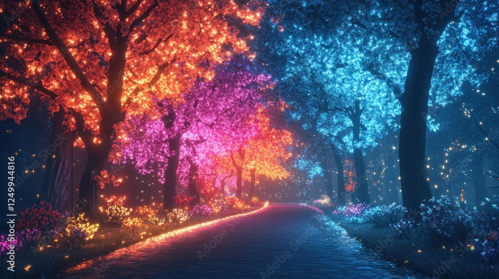Enchanting glowing trees line a mystical forest path Enchanting glowing trees line a mystical forest path