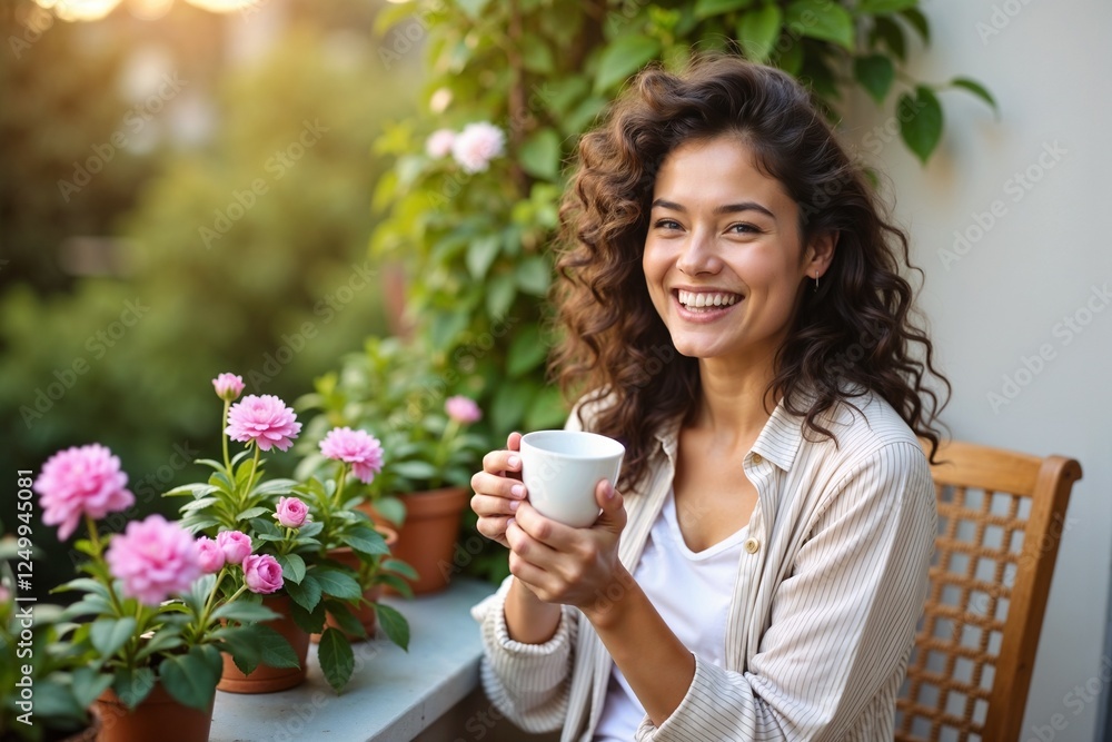 Happy woman smiling with a cup of coffee on a cozy balcony with flowers
Happy woman smiling with a cup of coffee on a cozy balcony with flowers