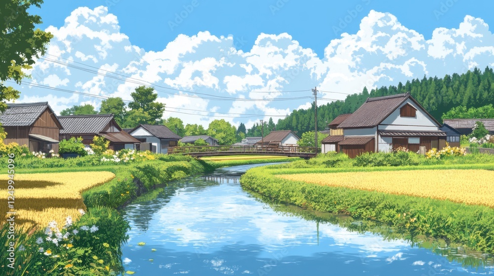 Obraz premium Serene Rural Landscape with Traditional Houses and Tranquil River Flowing Through Lush Green Fields