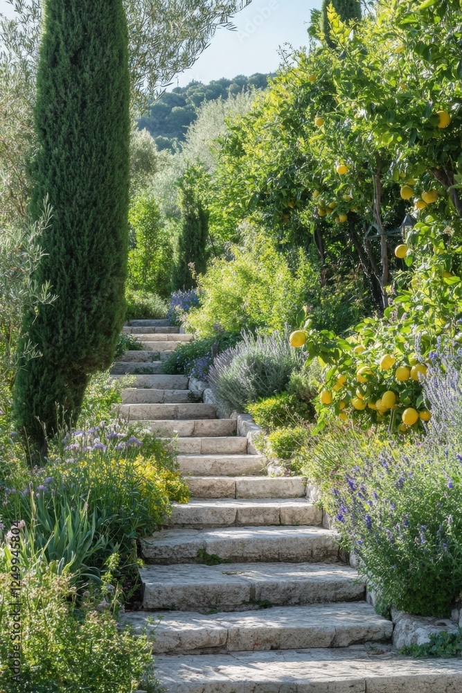 Stone steps lead through a vibrant garden filled with lemon trees and blooming lavender on a sunny afternoon in a Mediterranean landscape Stone steps lead through a vibrant garden filled with lemon trees and blooming lavender on a sunny afternoon in a Mediterranean landscape