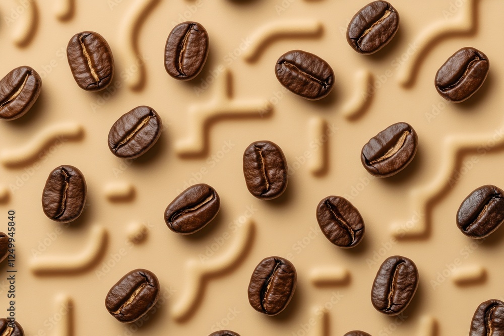 Coffee beans scattered on a beige patterned surface create a design Coffee beans scattered on a beige patterned surface create a design