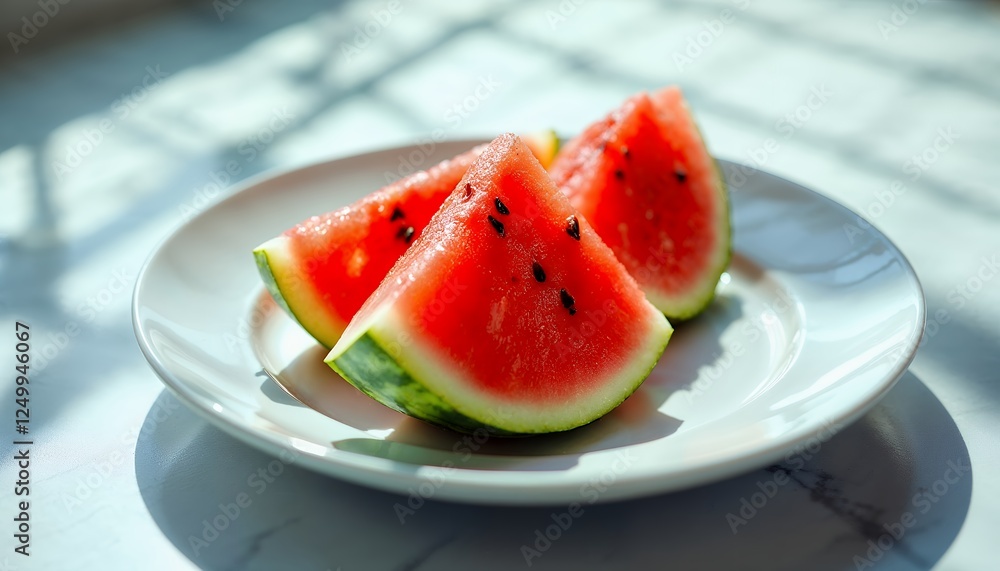 Fresh Watermelon Slices on Plate with Bright Summer Sunlight